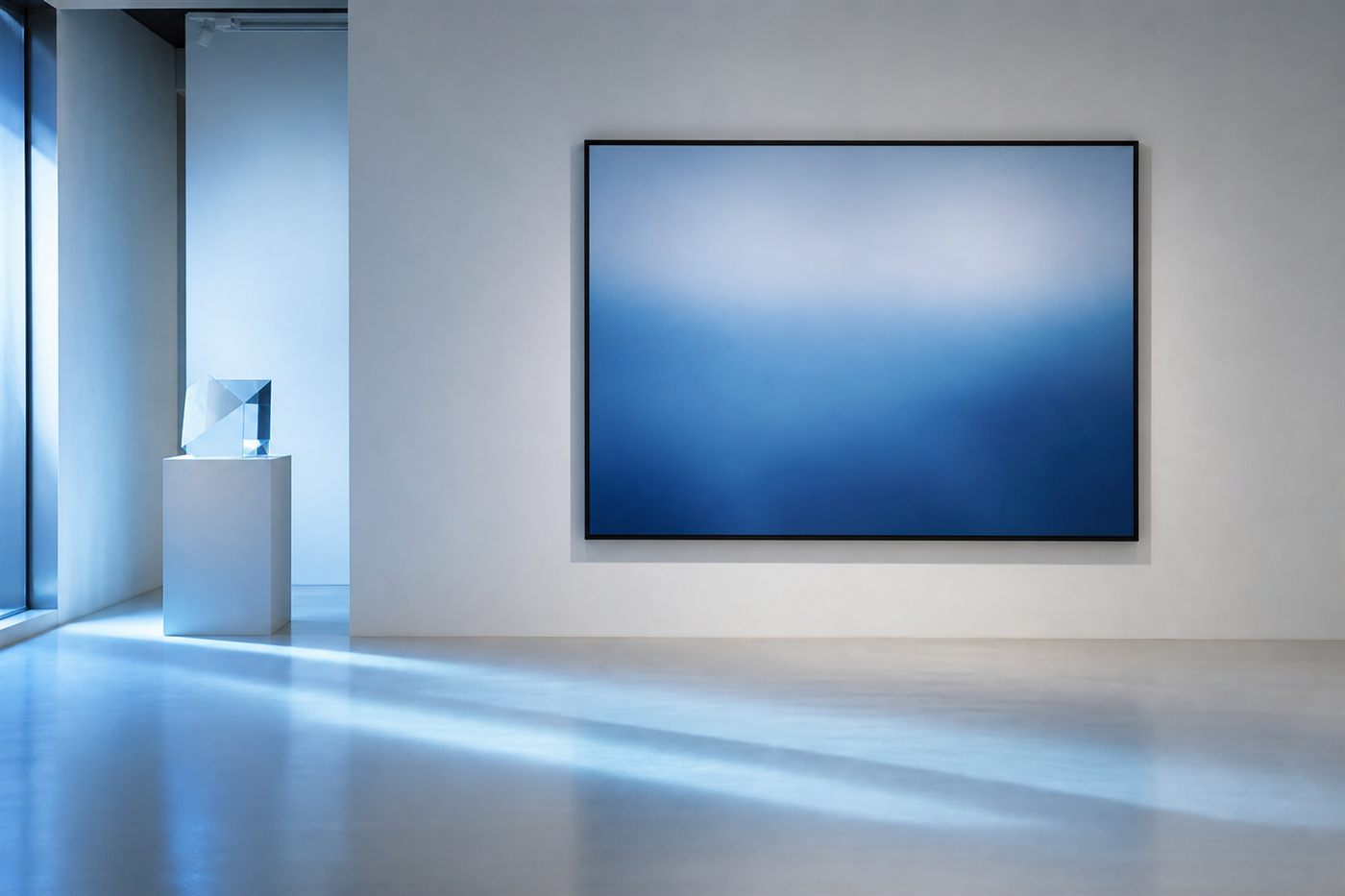 Soft blue light in a minimal Lumina gallery interior