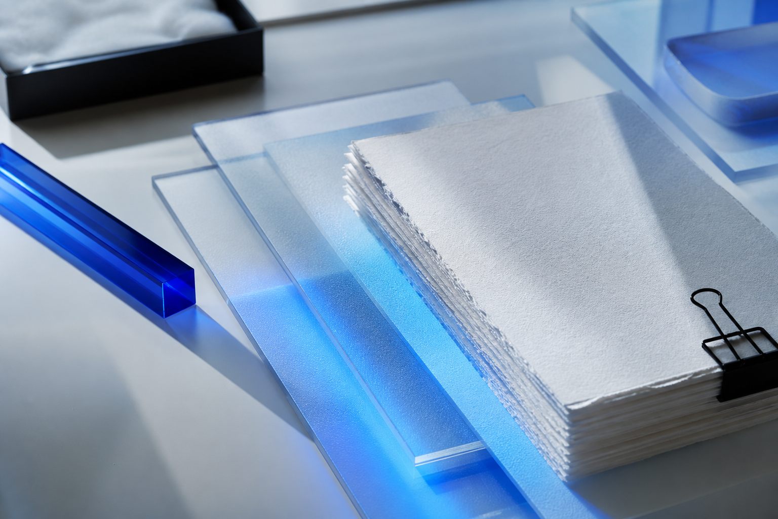 Soft blue light over archival papers and glass forms